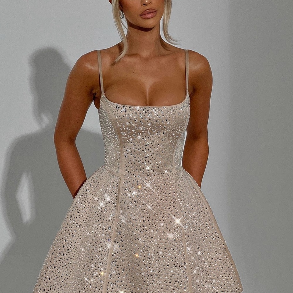 Beaded Sparkle Mini Dress with Spaghetti Straps - Champagne